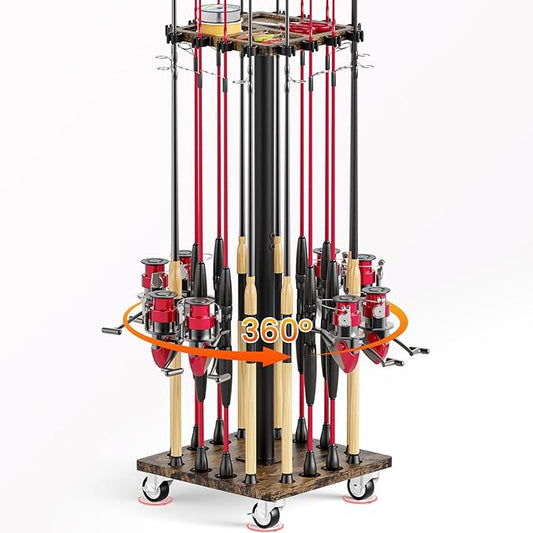 Fishing Rod Rack for 16 Poles - 360° Rotating Base, Easy to Install & Durable Wooden Pole Holders for Garage, Fishing Rod Equipment Organizer Storage Stand for Ground, Fishing Gifts for Men, Brown