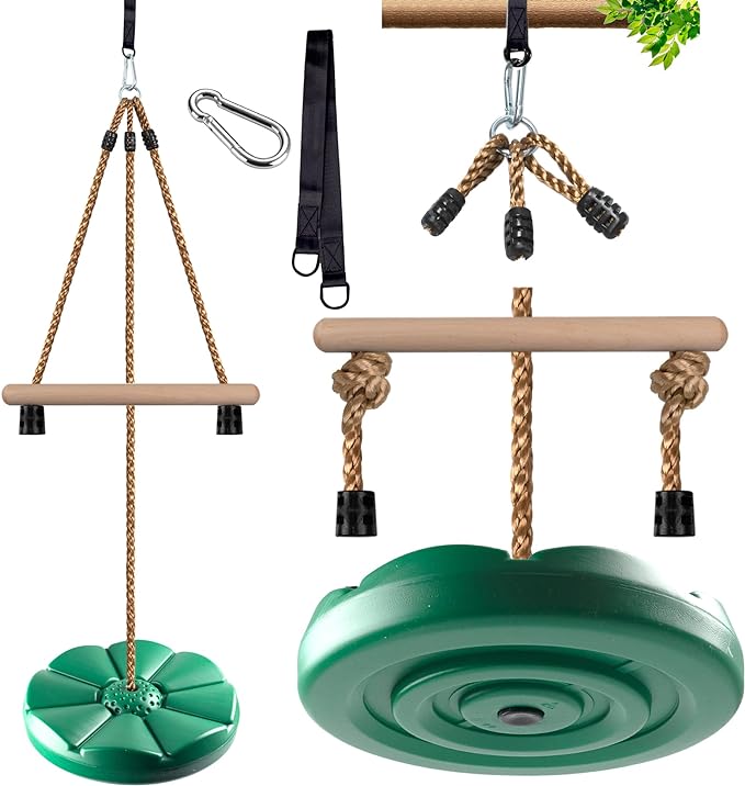 KINSPORY Disc Swing for Kids, Swing Set Accessories, 7FT Height Adjustable Gym Monkey Bars, Hanging Tree Seat for Backyard, Outdoor Play Equipment - Green