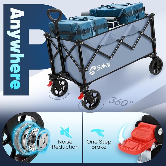 Sekey Collapsible Foldable Wagon with 330lbs Weight Capacity, Heavy Duty Folding Wagon Cart with Big All-Terrain Wheels. Blue