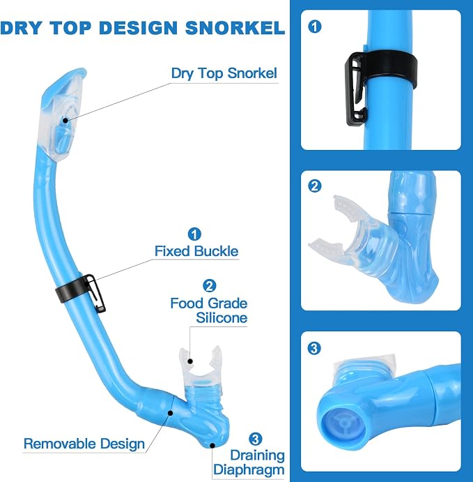 Kids Snorkeling Set - Adjustable Flippers + Panoramic Snorkel Mask + Dry Snorkel Tube + Travel Bags - Suitable for Kids & Juniors, Age 5-14