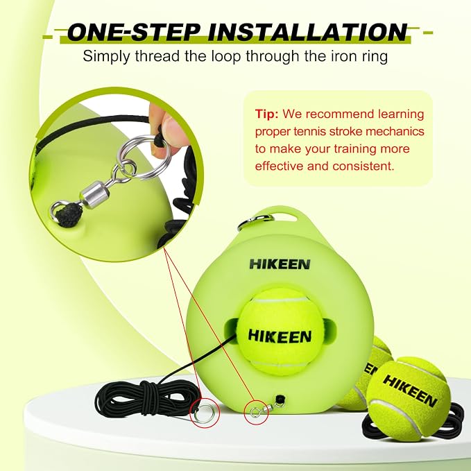 Hikeen Premium Tennis Trainer Rebound with Metal Base,Portable Solo Tennis Trainer Set with 3 Highly Elastic String Balls,Tennis Practice Equipment for Adult Kids an Beginners