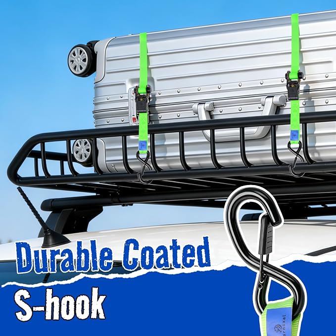 Ratchet Straps 4 Pack - 1,826 Lbs Break Strength 1 in x 15 Ft Medium Duty Ratchet Tie Down Straps with S Hooks Set for Truck, Cargo Van, Trailer, Motorcycle (Green)