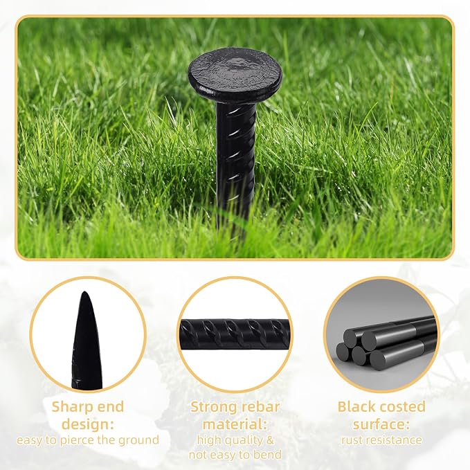 16 Inch Rebar Stakes, 0.4 Inch Diameter Ground Stake, Metal Stakes for Ground, Heavy Duty Ground Anchor Spikes for Speed Bump, Parking Curb and Camping Tent (20Pcs, Black)