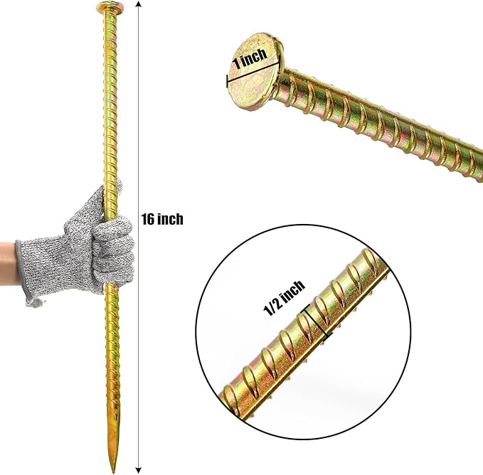Hacaroa 10 Pack 16 Inch Rebar Stakes, Galvanized Steel Ground Anchors 1/2 Inch Diameter, Metal Garden Spikes Heavy Duty for Speed Bump, Wheel Stop, Tent, Garden Bed, Plant Support