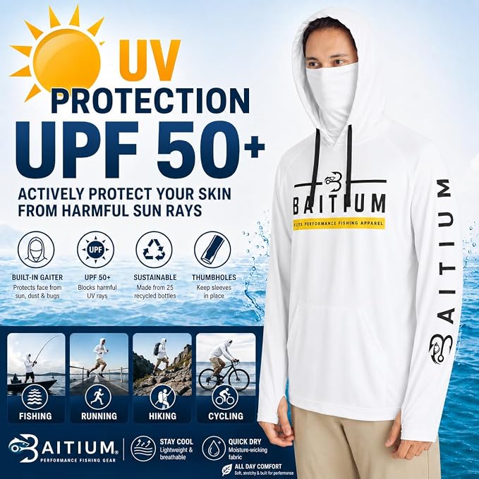 Fishing Shirts for Men,UPF50 Hooded Long Sleeve with Gaiter, Sun Protection Dry Fit Apparel, Face Mask, Fishing Clothes