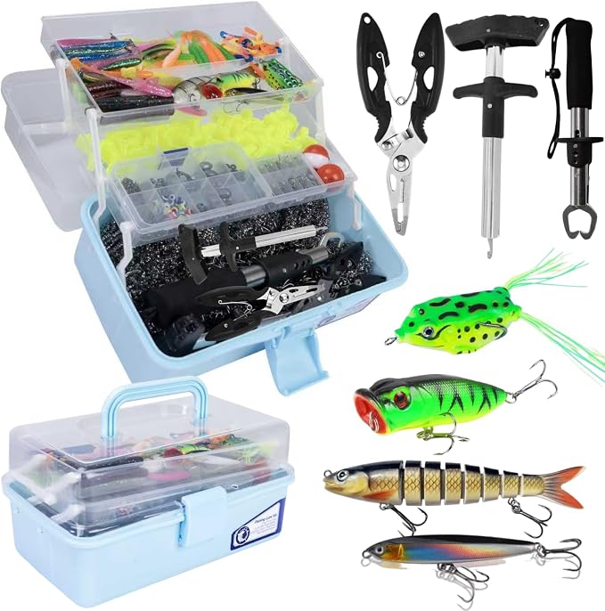 Large 3-Layer Fishing Tackle Box with Tackle Included,450 Pcs Fishing Lures Kit-Contains Pliers, Crankbait, Hooks,Lures,Weights & Accessories, Freshwater Bass Fishing Gear for Men