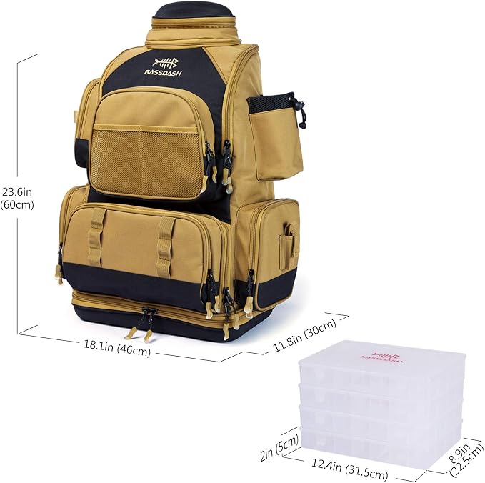 BASSDASH Fishing Tackle Backpack Water Resistant Tactical Bag Soft Tackle Box with Rod Holder and Protective Rain Cover