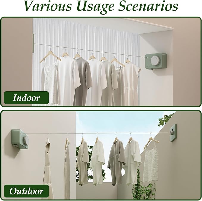 Danpoo Retractable Clothesline Heavy Duty - 13.8ft Adjustable Tension Wall Mounted Indoor Outdoor Clothes Drying Line, Compact Laundry Rope with Pulley System(Green)