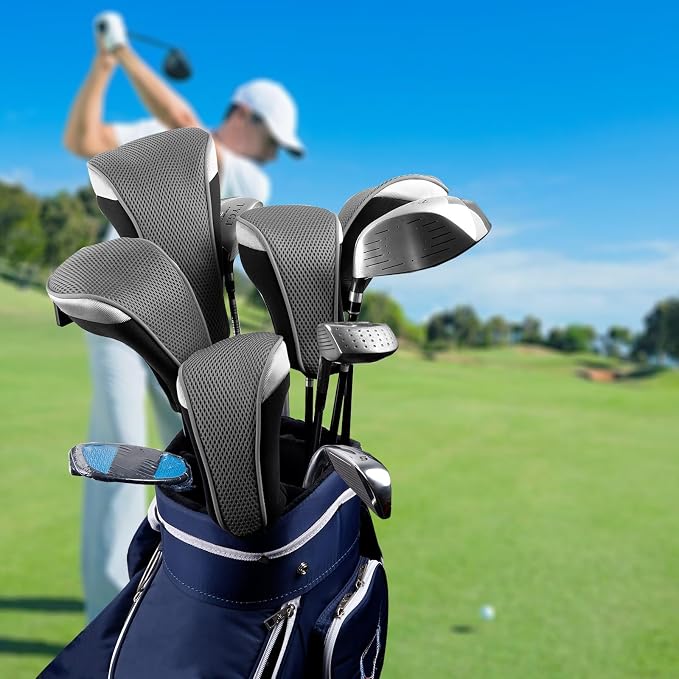 Andux 3pcs/Set Golf 460cc Driver Fairway Wood Club Head Covers | with interchangeable NO. Tags | Mesh Breathable material | Short Neck | Coloured Piping | Pull-On Closure