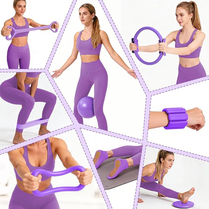 Pilates Equipment Kit for Home Workouts - 18pcs Set- 14'' Pilates Ring and Ball Set for Women, Pilates/Yoga Accessories Kit with Wrist Weights, Resistance Bands, Core Sliders, Yoga Strap