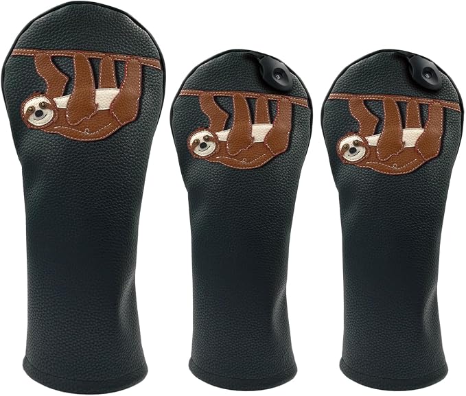Sloth PU Leather Golf Club Covers Driver Headcovers Fairway Woods Hybrid Protector with Interchangeable Number Tag