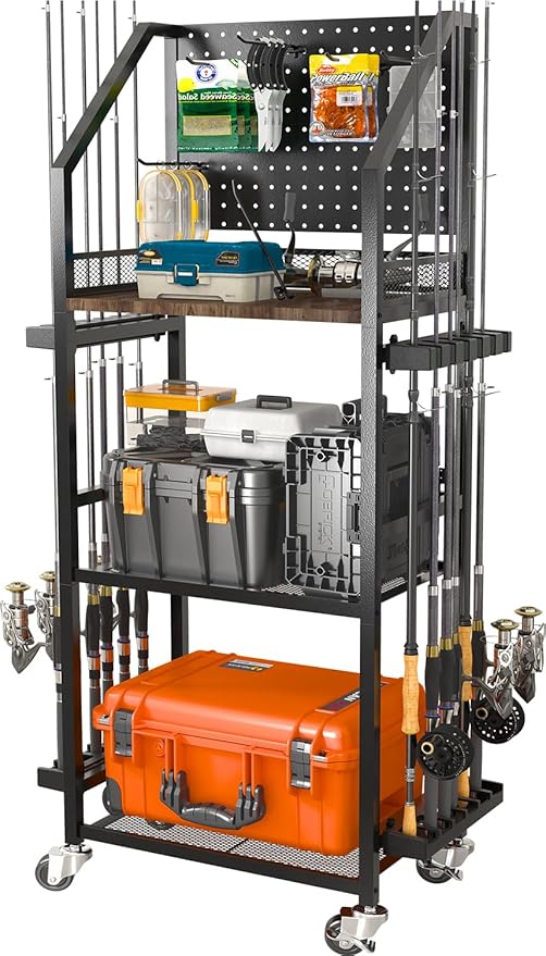 SOYEEZE Fishing Rod Holders for Garage, Fishing Pole Holders Up to 12 Rods with Pegboard and Hooks,Rolling Fishing Cart with Wheels, Fishing Gear Storage For Tackle Box & Reel Organization