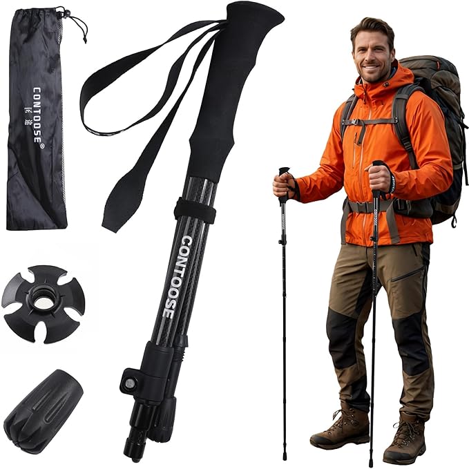 3K Carbon Fiber Trekking Poles & Walking Stick Collapsible Lightweight for Hiking (1-PCS)