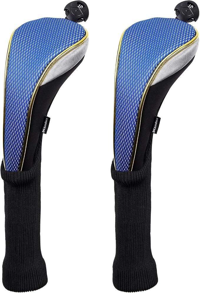 Andux 2Pcs/Set Long Neck Gold Golf Hybrids Club Head Covers with Dial No. Tag MT/HY13