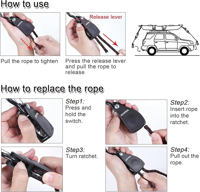 4PCS Kayak Rope Tie Down Ratchet Straps 3/8" ×12' Bow and Stern Tie Down Kayak with Safety S Hook Heavy Duty Ratchet Rope Kayaks and Canoe Accessories Black