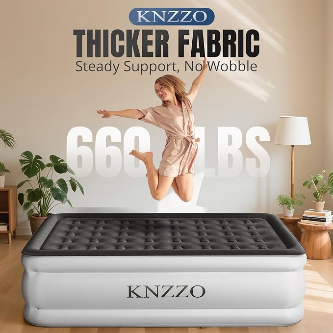 KNZZO Queen Air Mattress with Built-in Pump, 18" Top Inflatable Mattress with Waterproof Flocking Fabric, Three-Minute Quick-Inflatable Bed. Portable Blow Up Mattress for Home, Outdoor and Guests