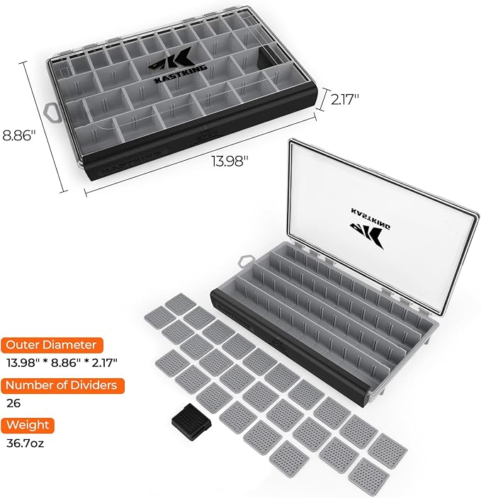 KastKing HyperSeal Waterproof Tackle Box, 3700 2 Packs，Black | 3700 Tackle Trays; Tackle Box Organizer;Removable Dividers; One-Hand Open and Close；Fishing Gear Storage