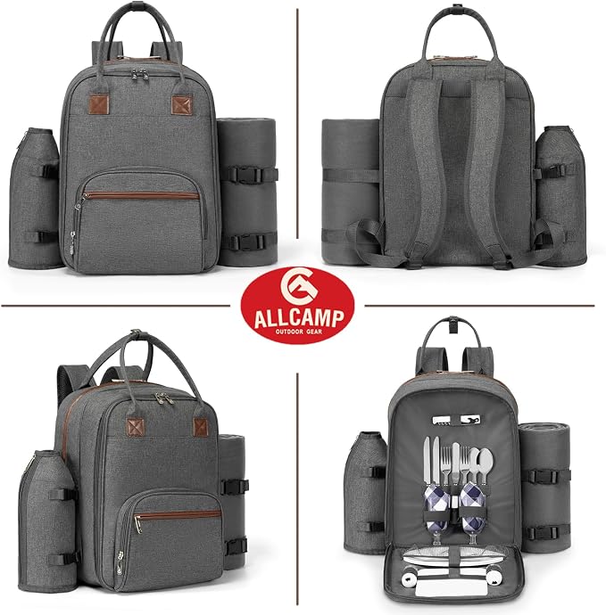 ALLCAMP Picnic Backpack, 2-Person Set with Blanket and Wine Holder, Gray | Insulated compartment, padded straps, Oxford fabric, couple gifts, family, camping, beach, climbing, parks, hands-free
