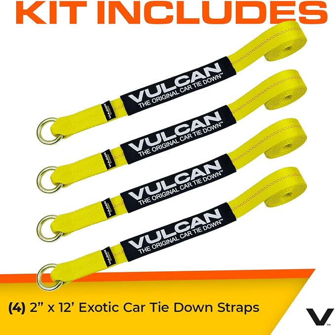 VULCAN Loop Exotic Car Tie Down Straps - 2 Inch x 12 Foot - Classic Yellow - Includes Four 2 Inch x 144 Inch Loop Straps