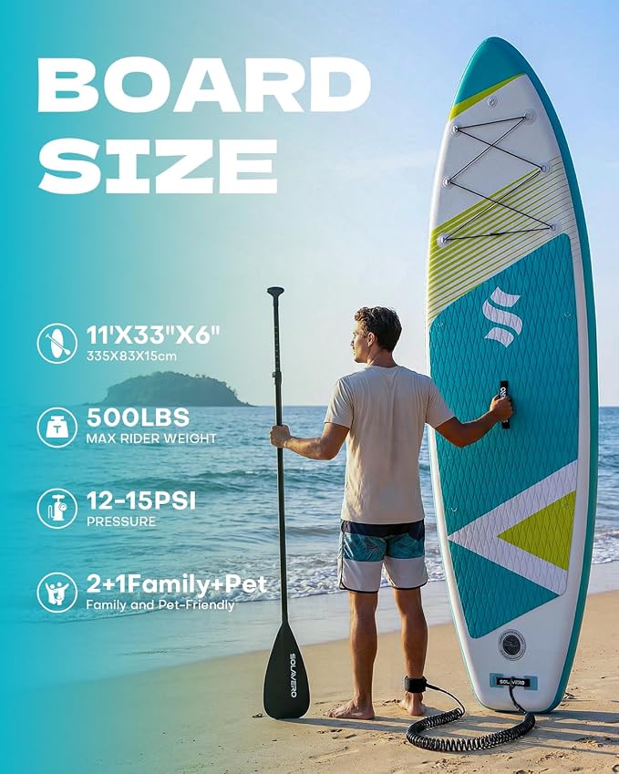 SOLAVERO Stand Up Paddle Board, 11‘ Inflatable SUP Supports 500LB - Wide Stable Board with Non-Slip EVA Deck for Adults & Youth of All Skill Levels