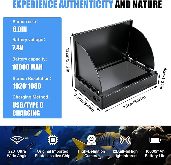 Underwater Fishing Camera,6 Inch Fish Finder Depth Finder, Portable Fishfinder with 1280 * 720 AHD Display, 80FT/Waterproof IP68, for Kayak/Boat/Ice Fishing, Includes Transducer & Mounting Kit