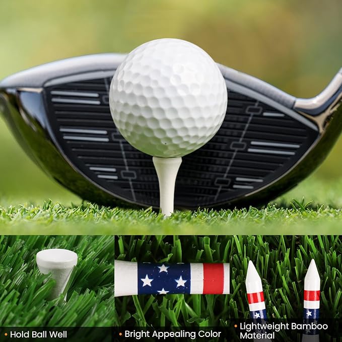 FINGER TEN Bamboo Golf Tees Wood 1 1/2 2 3/4 3 1/4 Inch Wooden Short Long Tee Color Bulk 250/500/1000/2000 Count for Men Women Kids in Red Pink USA Flag