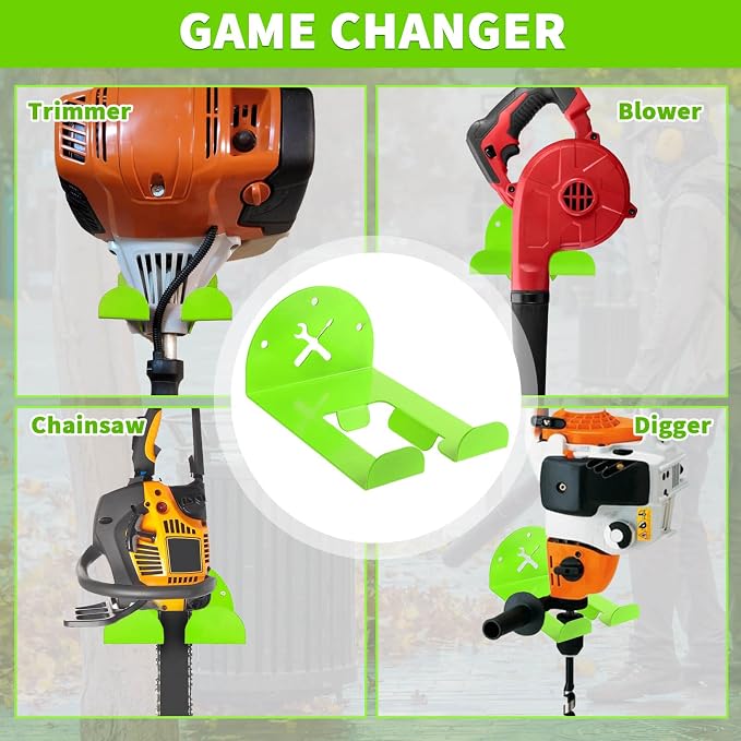 Upgraded Trimmer Rack Wall Mount - 8" Heavy Duty Weed Eater Hanger for Garage Wall, Garden Power Tool Holder Organizer Hooks for Grass Trimmer, Hedge Trimmer, Leaf Blower and Chainsaw, Green, 3 Pack