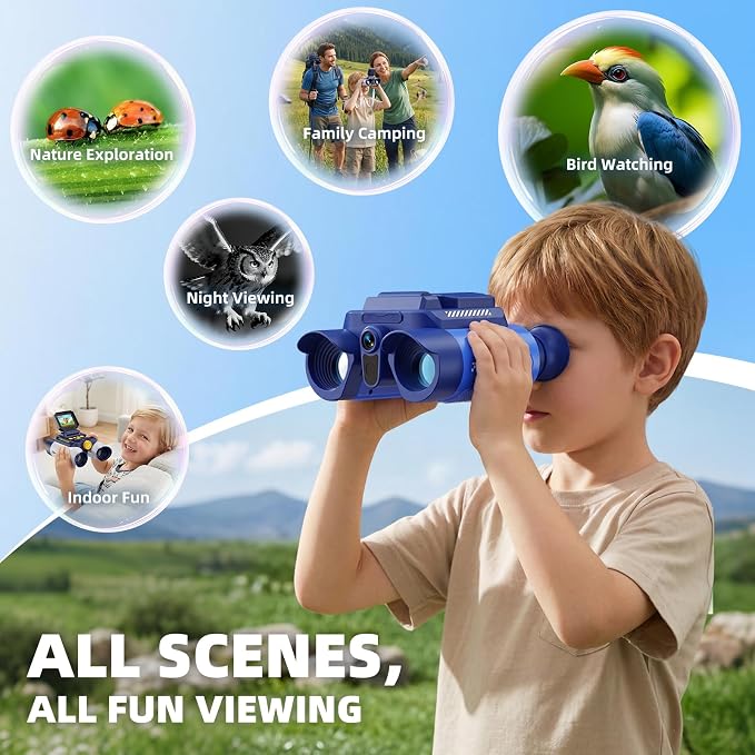 Binoculars for Kids with Night Vision, 2.4" IPS Screen Digital Binoculars with 20 Games & 8GB SD Card, 10X Optical Zoom, Rechargeable STEM Outdoor Toys Gifts for 4-12 Year Old Boys Girls
