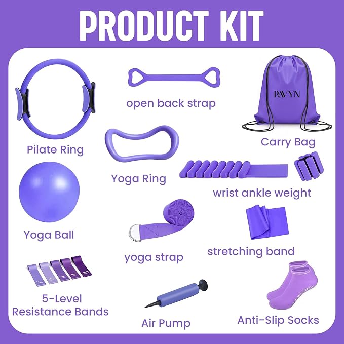 Pilates Kit for Women – 16 Pcs Home Pilates Equipment Set with Magic Circle Ring, Ball, 5 Resistance Bands, Yoga Strap, Ankle Weights, Grip Socks & More | Pilates Starter Kit