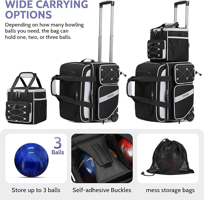3 Ball Bowling Bag with Wheels, 2+1 Bowling Ball Bags Double Roller with Single Bowling Tote for Accessories, Multi-Pockets & Shoe Compartment (Fits Up to Size 15)