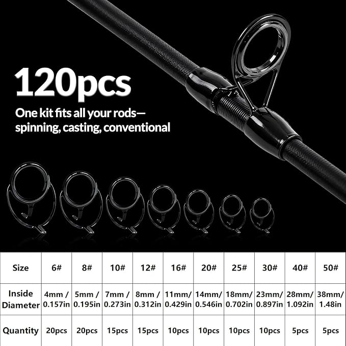 9KM DWLIFE Fishing Rod Repair Kit (50/100/120Pcs), Fishing Rod Guides with Zirconia Inserts, Spinning & Casting Rod Eyelets Replacement, Fishing Pole Repair Parts for Saltwater Freshwater