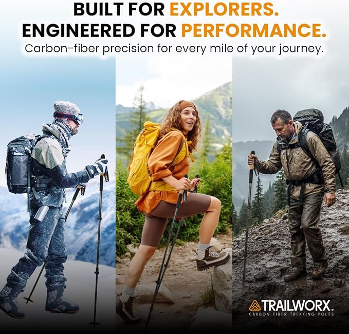3K Carbon Fiber Trekking Poles, Collapsible Set of 2 Lightweight Adjustable Hiking Poles 24.5"-54" with Cork Grip, Tungsten Carbide Tips, Black, Includes Carry Bag, Snow & Mud Baskets