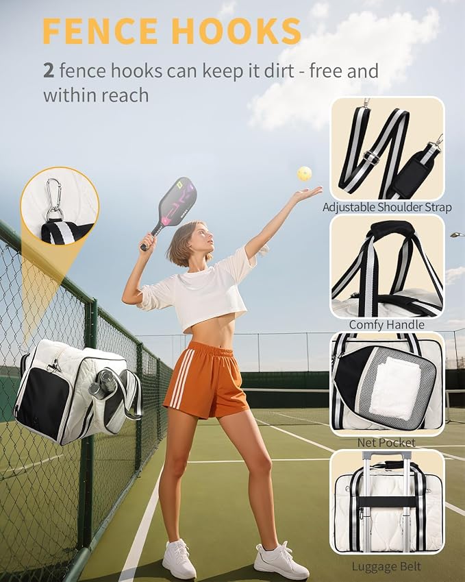 Jetviivid Pickleball Bag for Women with Paddle Pocket-Fits 2 Paddles, Puffer Pickleball Tote with Shoe Compartment & Fence Hook