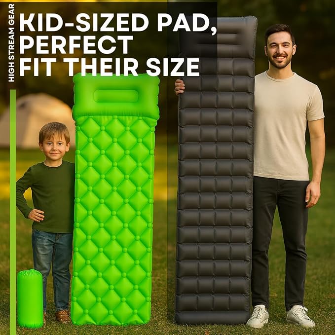 Kids Sleeping Pad for Camping and Sleepovers with Pillow, Inflatable Camping Mattress for Backpacking & Travel, Thick Toddler Cot Mat, Fast Inflating Camping Sleeping Pads for Kids