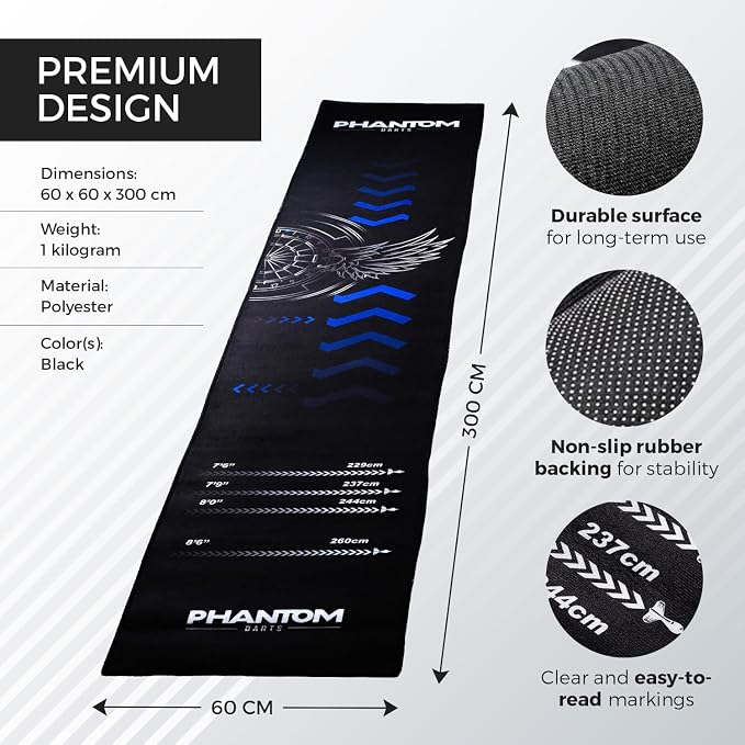 Darts Mat with Oche – Professional Dartboard Mat for Floor Protection, Non-Slip Rubber Backing, Portable Darts Distance Mat with Throwing Lines for Home or Pub