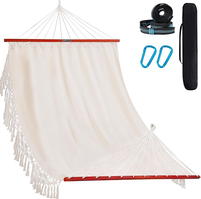 Lazy Daze Hammocks Cotton Fabric Double Hammock with 55" Spreader Bar, Portable Camping Hammock with Carrying Bag & Tree Straps for Patio, Backyard, Balcony, 450lbs Capacity, Beige