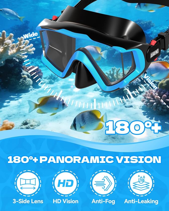 Aegend Snorkeling Gear for Kids Youth – 4-in-1 Snorkel Set with Anti-Fog Mask, Dry Snorkel & Adjustable Fins for Swimming, Diving, Snorkeling, Beach Vacation – Includes Travel Mesh Bag