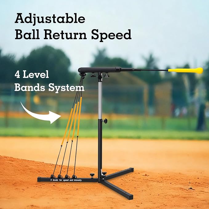 Batting Swing Trainer for Baseball and Softball with 4 Power Bands & Adjustable Height - High-Visibility Anti-Dent Target Ball, Portable Hitting Aid with Screw-in Base & Carry Bag for All Ages