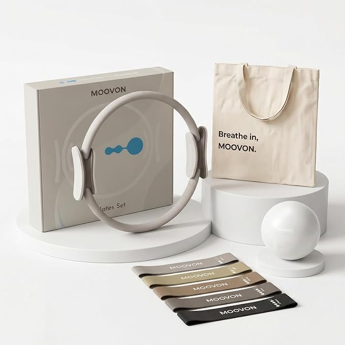 Pilates Equipment Kit for Beginners with Ring, Ball & Resistance Bands | Includes canvas tote bag, 14" ring, 9.8" mini ball, and 5 resistance bands for beginner home pilates