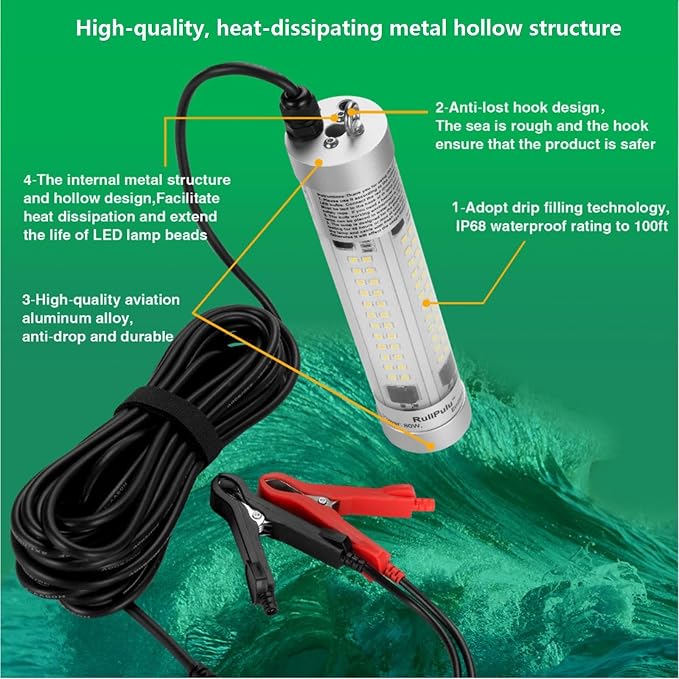 80W 9600lm Underwater Fishing Light, IP68 Waterproof Aluminum Super Bright Night Fish Attracting Submersible LED Lamp Lure Bait Finder for Freshwater Saltwater Sea Kayak Boat Ice Dock (White)