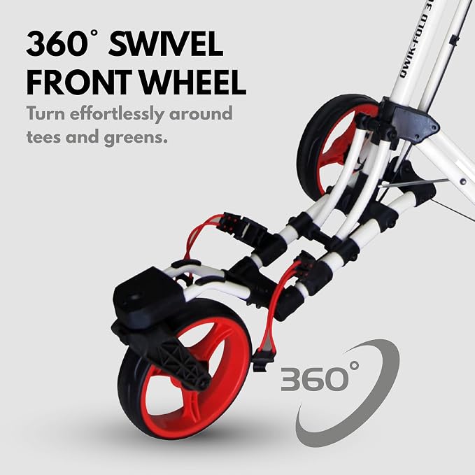 Qwik-Fold 3-Wheel Golf Push Cart with 360° Swivel Front Wheel & Foot Brake – 1-Second Folding Golf Trolley, Lightweight Aluminum Frame, Umbrella Holder, Cup Holder & Storage