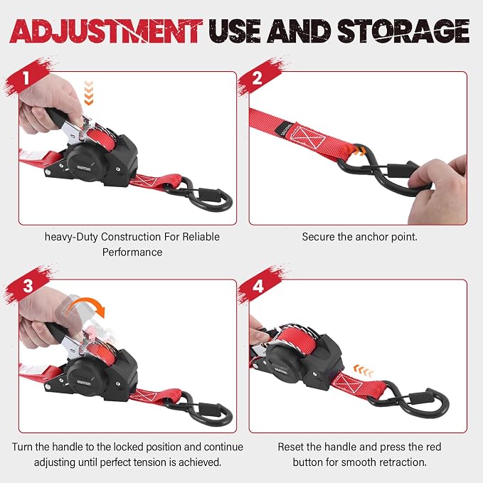 Ratchet Strap Retractable 1" x 10' - 2 Pack, Auto Self Retracting Tie Down Straps with Heavy Duty Ratchet (1540lbs Break Strength), for Motorcycle, ATV, UTV, Truck Cargo
