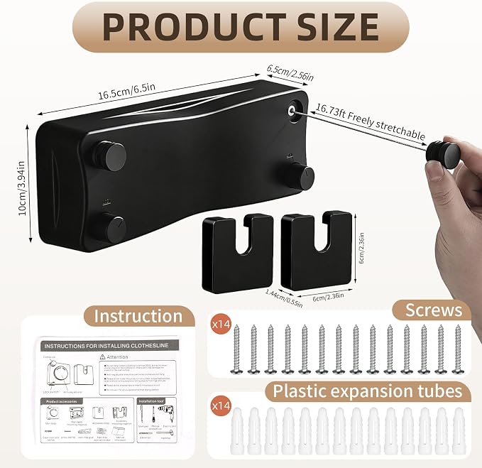 Anti-Sag Retractable Clothesline 40LB Capacity - 201in Stainless Steel Laundry Line for Indoor Outdoor, Wall Mounted Space Saving Easy Install (Black, Double Lines)