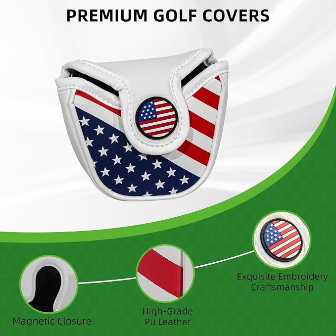 Golf Club Head Covers,4pcs or 1pc USA Golf Head Covers for Woods and Driver Fairway Hybrid - PU Leather Mallet Blade Putter for Men Women Golf Enthusiast