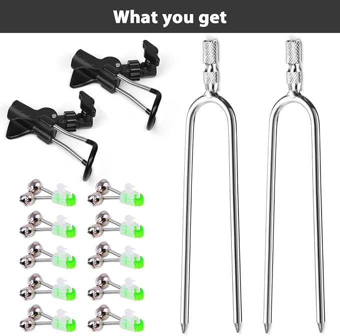 Aluminum Bank Fishing Rod Holder with 10 Fishing Bells - Heavy Duty Ground Spike Fish Pole Stand Rack for Shore, Surf, Beach Fishing - Great for Men