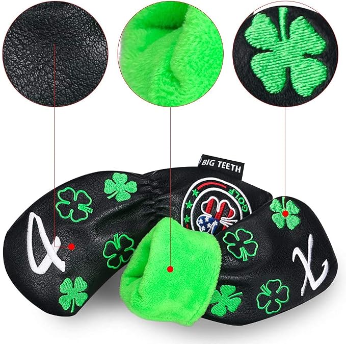 Big Teeth Golf Iron Covers Iron Head Covers, Lucky Clover Iron Covers Long Neck Golf Iron Head Covers, 11Pcs Golf Iron Covers Set Golf Club Covers for Irons Fit Taylormade SIM Cleveland Etc