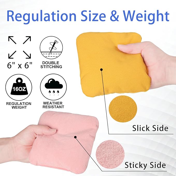 EunHo Regulation Cornhole Bags Set of 8 - Dual Sided Slick and Stick Cornhole Bean Bags for Tossing Game Professional All Weather Pro Corn Hole Bags with Tote Bag