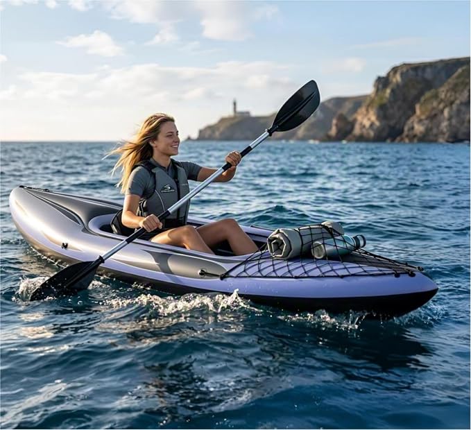 9ft Inflatable Fishing Kayak, 1-Person Foldable Boat, 220lb Capacity with Aluminum Oars, High Output Pump, Adjustable Seat, Removable Fins, Cargo Net for Adults, Lakes, Rivers and Fishing