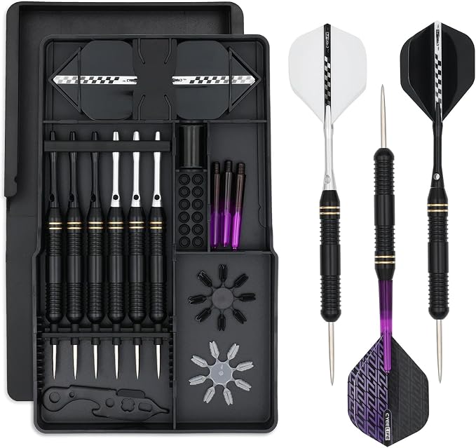 Professional Steel Tip Darts Set, 23g Brass Barrel with Aluminum Shafts, Black, 6-Pack with Extra Flights and Accessories Kit
