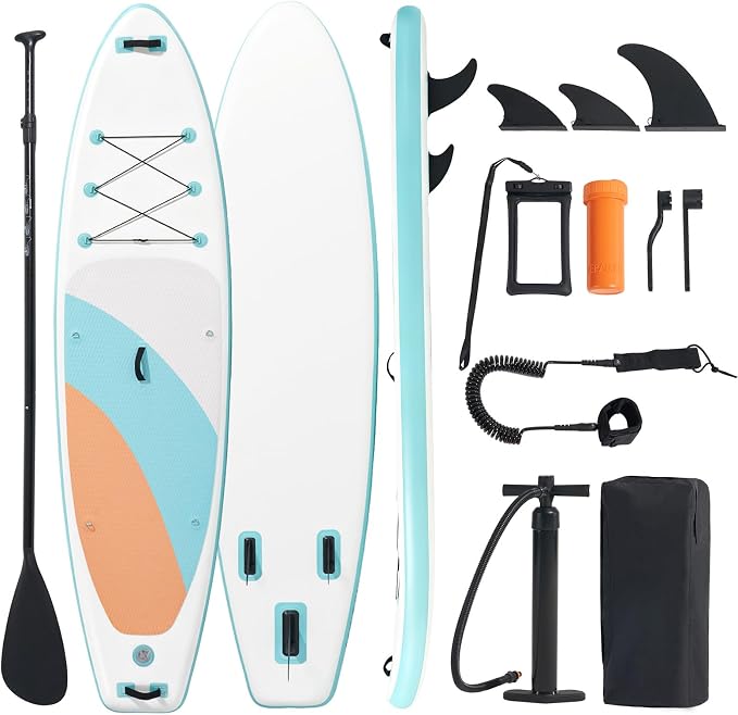 Inflatable Stand Up Paddle Board 10'6" x 33" x 6", 350 LBS Capacity Beginner-Friendly SUP Board with Paddle, Pump, Backpack, Leash, Waterproof Phone Bag and 3 Fins for Lake, Ocean or River Fun